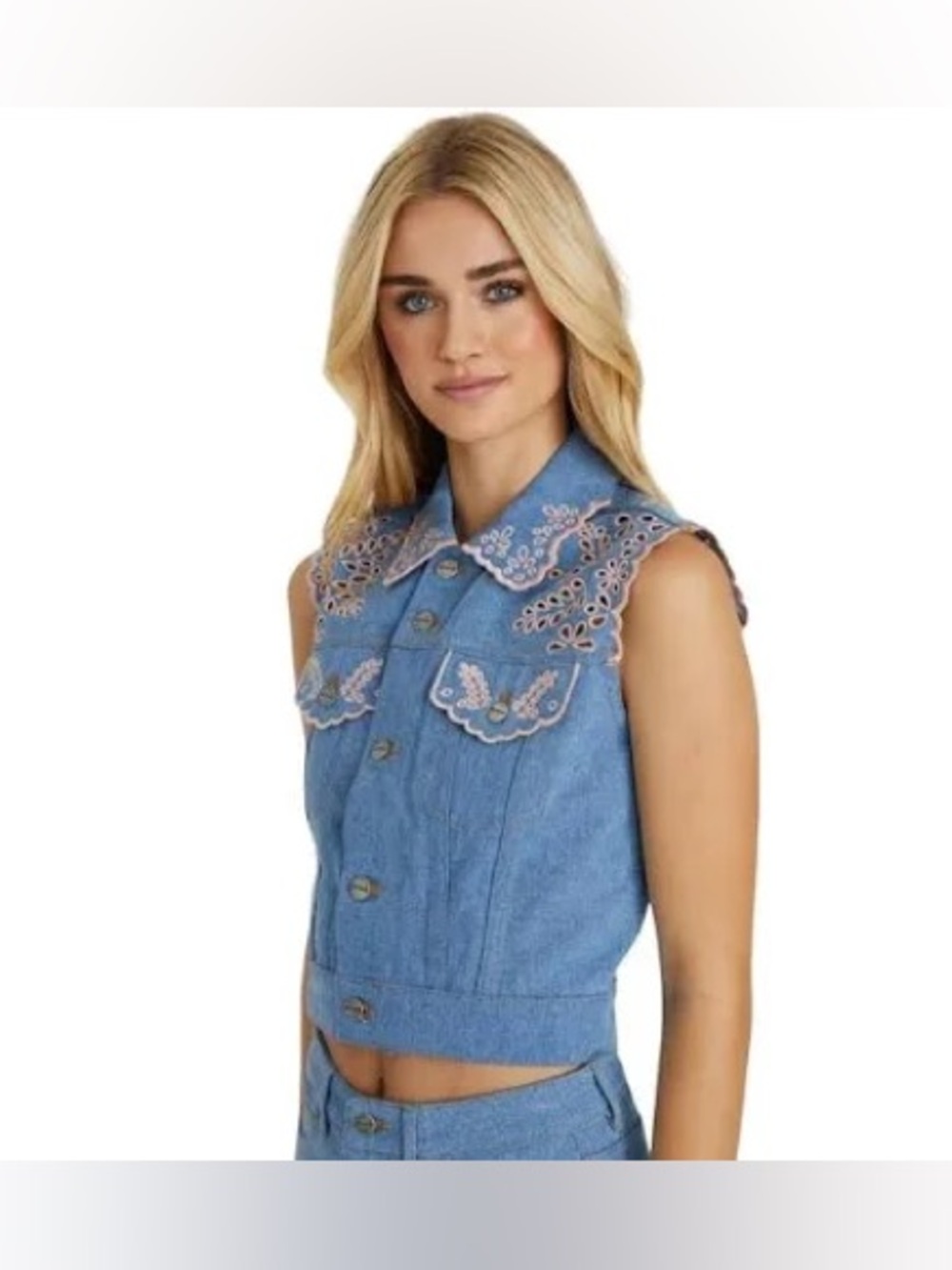 Driftwood Venus Embroidered Denim Cropped Vest Sz-XS